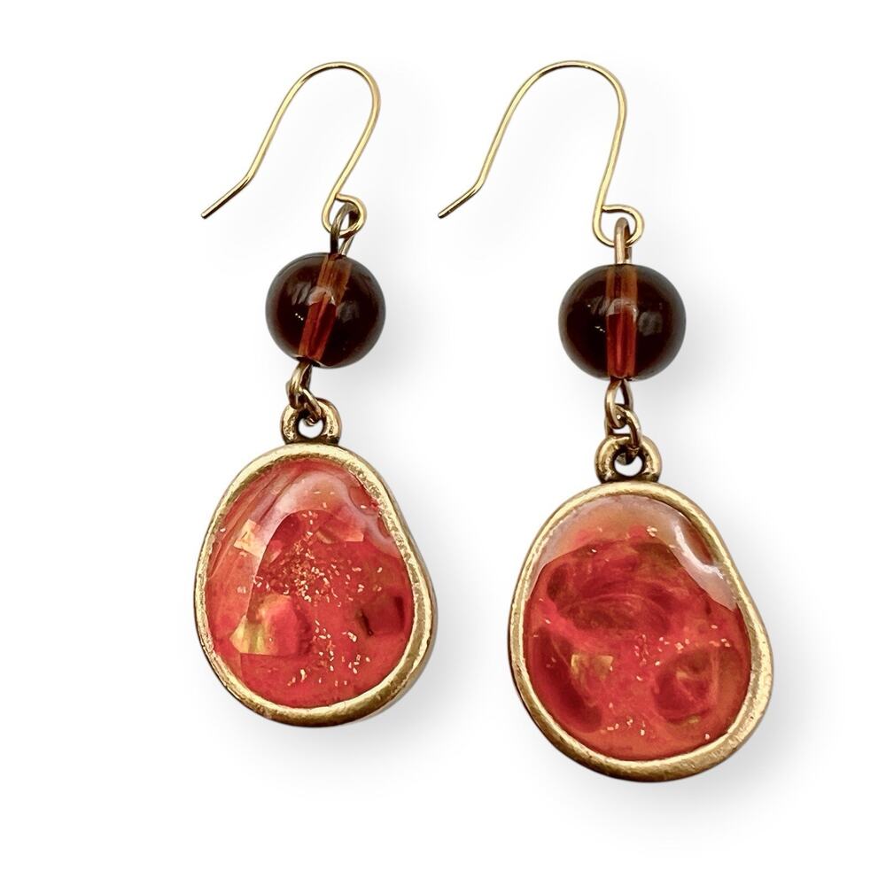 Chicos Orange Dangle Earrings Gold Tone Foil Resin Fish Hook Artsy Boho Chic